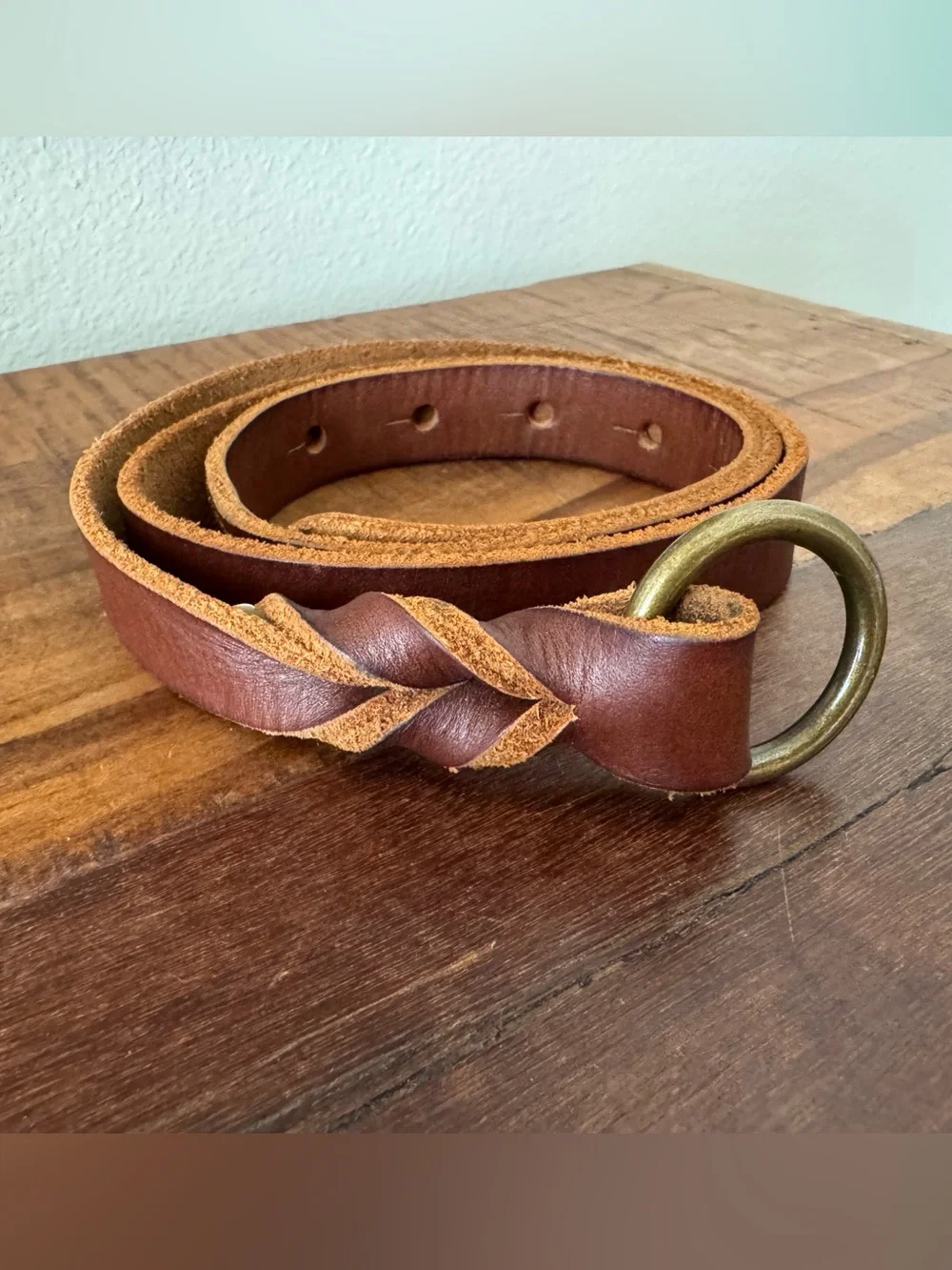 Braided Brown Leather Waist Belt with Antiqued Brass Ring